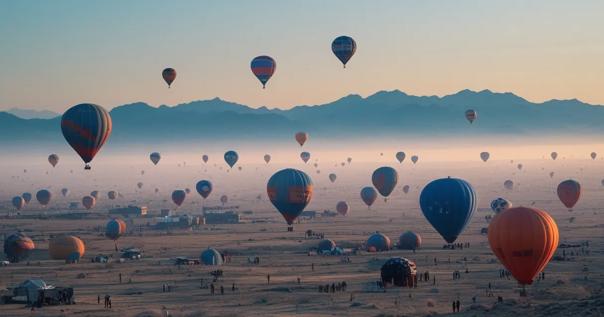 Illustration: dozens of hot-air balloons rising from a high desert field at dawn, mountains on the horizon, cold blue air and warm burner glow