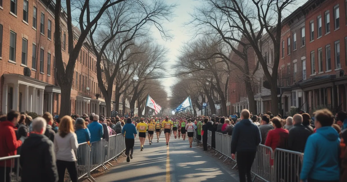 Illustration: a New England city street in April, brick row houses, spectators with flags, runners passing under bare trees