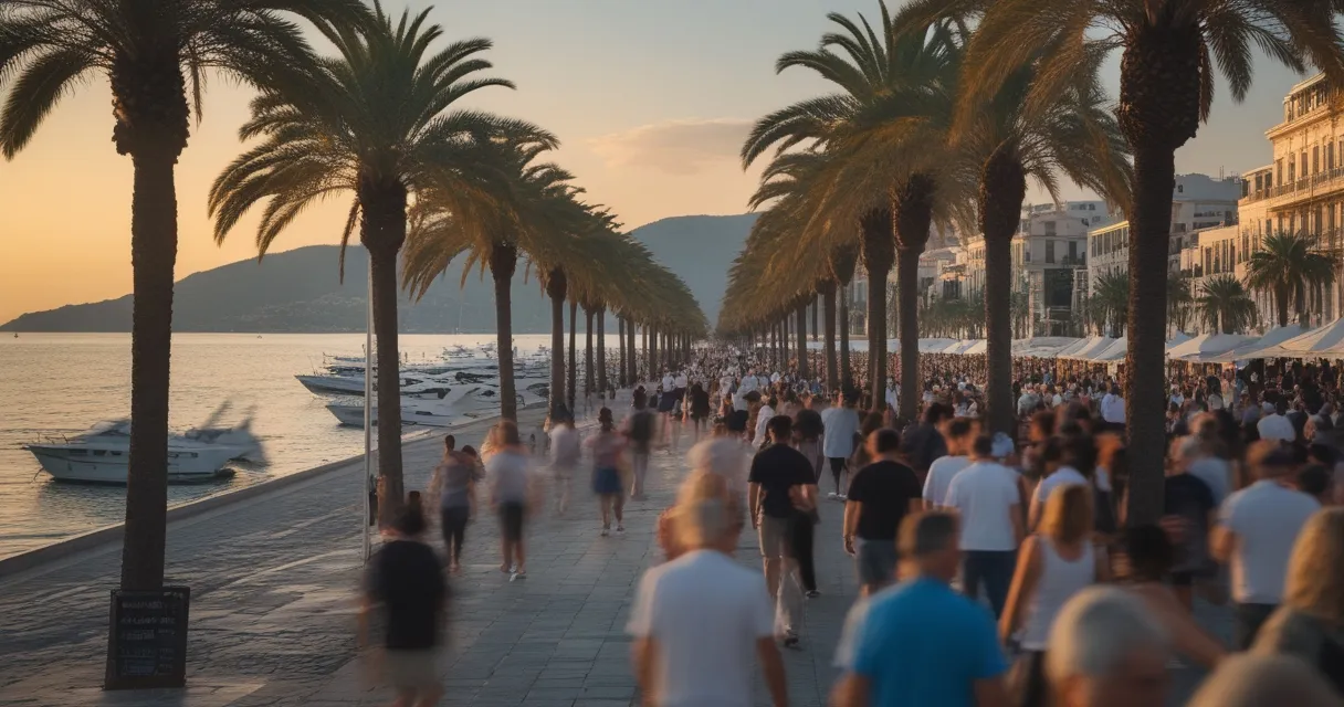 Illustration: a Mediterranean seafront promenade in May, palm trees and white yachts, warm evening light along the bay