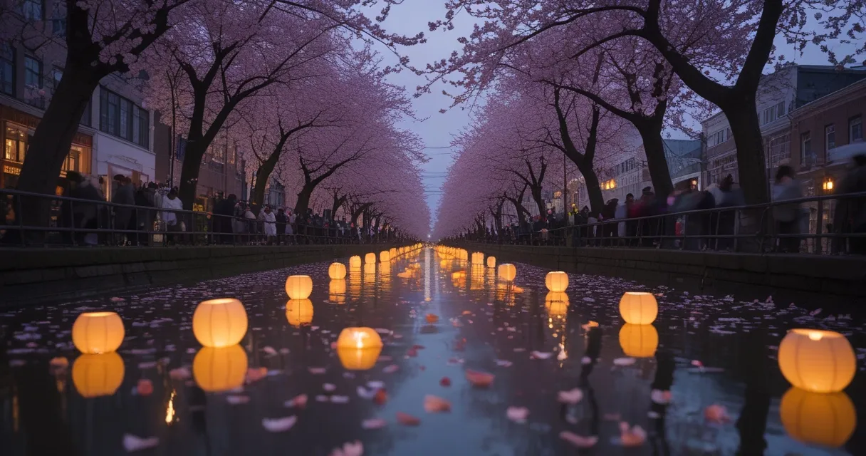 Illustration: a city canal lined with cherry trees in full bloom at dusk, paper lanterns reflected in the water, petals on the surface