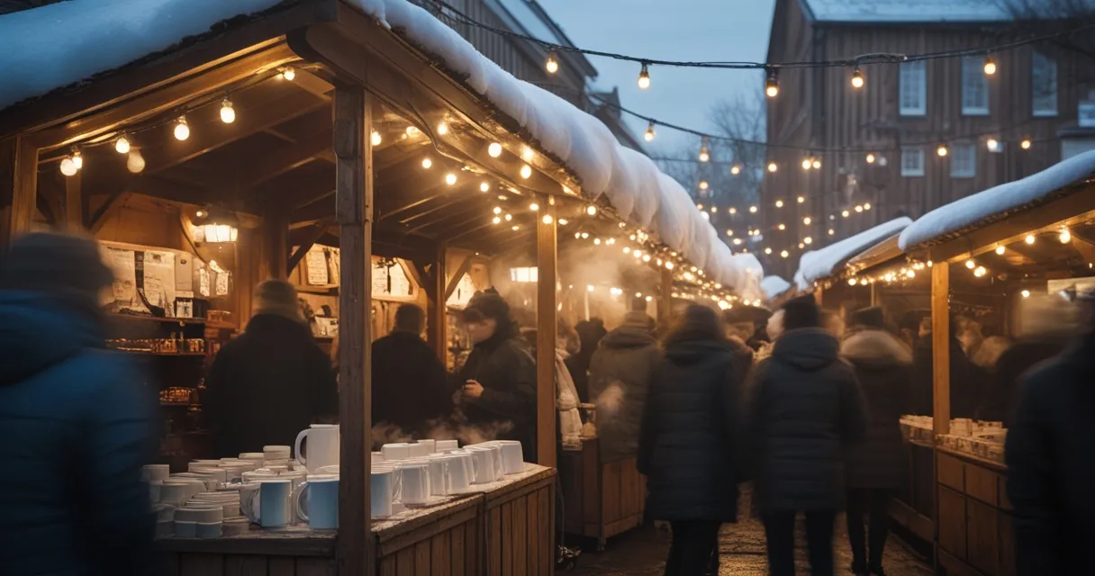 Illustration: wooden market stalls under strings of lights on a winter evening, steam rising from mugs, snow on the pitched roofs, people between the stalls