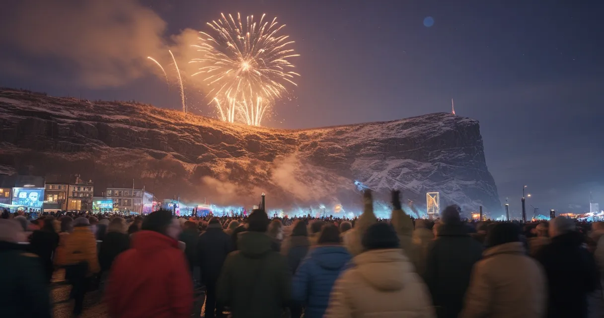 Illustration: a northern city at night on New Year’s Eve, fireworks above a floodlit crag, crowds in winter coats below