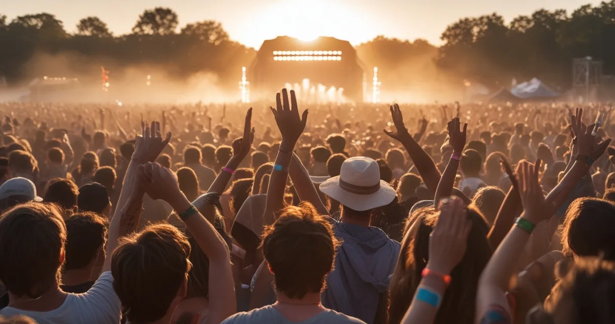 Illustration: a festival field at golden hour seen from within the crowd, hands raised towards a distant stage, dust and low sun in the air