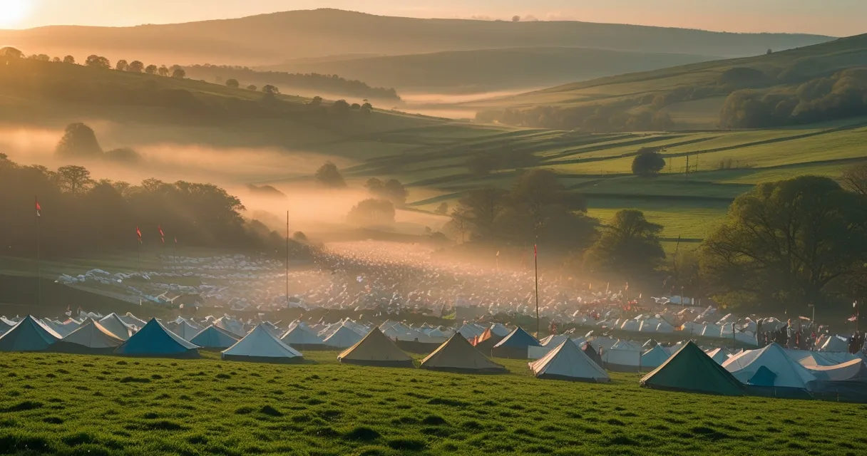 Illustration: a green English farm valley filled with tents at sunrise, mist lying in the hollows, flags on tall poles
