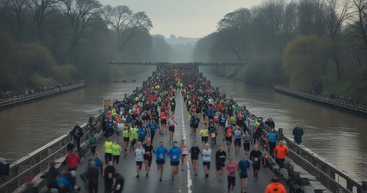 Illustration: a wide river bridge filled with distance runners on an overcast spring morning, spectators behind barriers, soft grey light