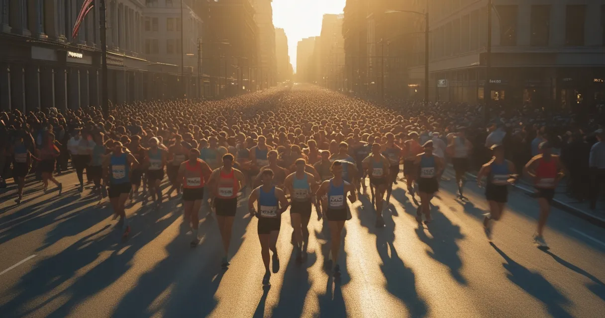 Illustration: a mass of distance runners filling a broad city street at sunrise, long shadows across the asphalt, spectators blurred along the kerb