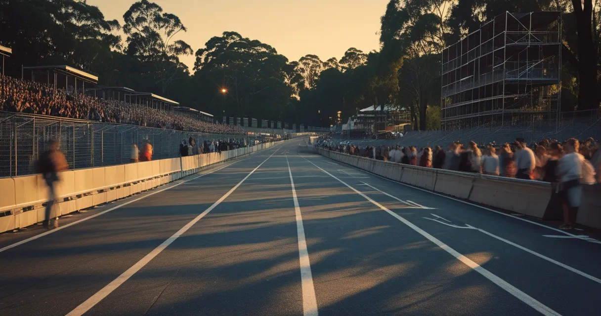 Illustration: a temporary street circuit through a city park at dusk, armco barriers and scaffold grandstands, eucalyptus trees behind, long shadows across fresh asphalt