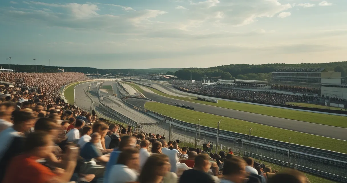 Illustration: a flat northern European racing circuit on a bright summer afternoon, grass banking packed with fans, enormous sky