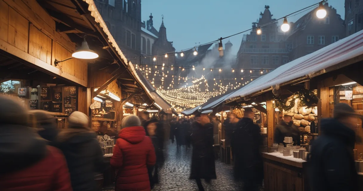 Illustration: a German market square at dusk in December, wooden stalls with striped awnings, strings of lights, steam rising from mugs, light snow