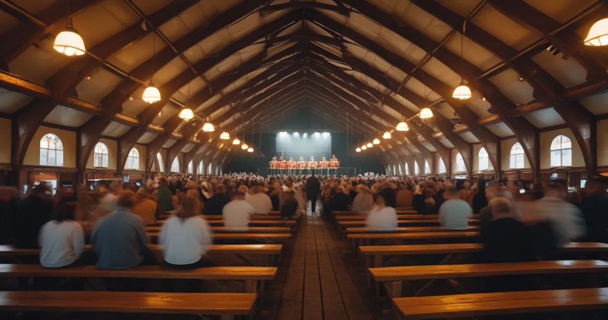 Illustration: the interior of a vast beer tent in September, long wooden benches and timber beams, warm lamplight, a brass band stage far down the hall