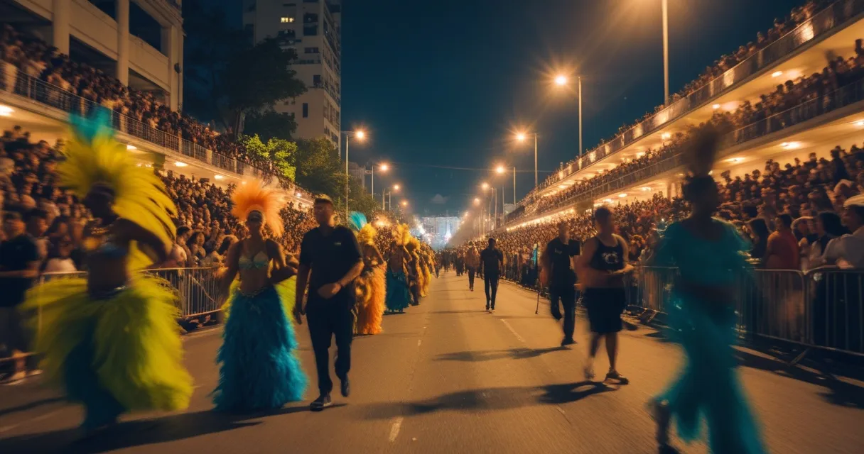 Illustration: a samba parade avenue at night, feathered costumes under floodlights, grandstands packed with spectators, motion blur