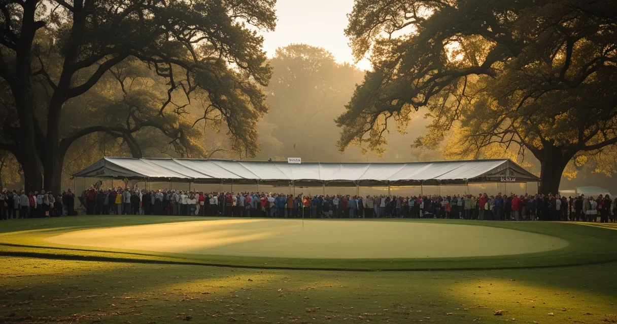 Illustration: parkland golf in early autumn, a temporary grandstand curving around a green, low western light through old oak trees, crowd silhouettes