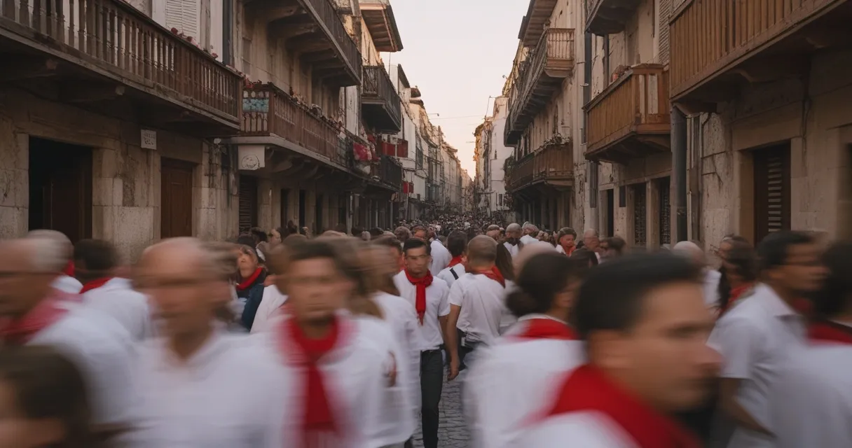 Illustration: a narrow old town street at eight in the morning, white shirts and red scarves, wooden barriers along the walls, crowded balconies above