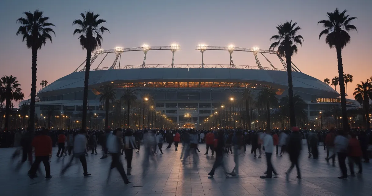 Illustration: a vast modern stadium exterior at dusk under floodlights, palm trees along a wide plaza, crowds crossing in silhouette