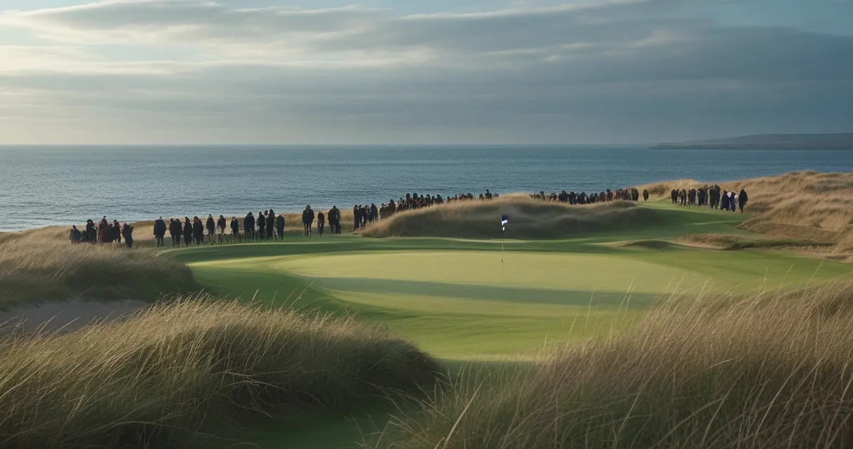 Illustration: coastal links golf at dawn, dune grass bending in the wind, grey-blue sea beyond an open green, flag against soft Scottish light