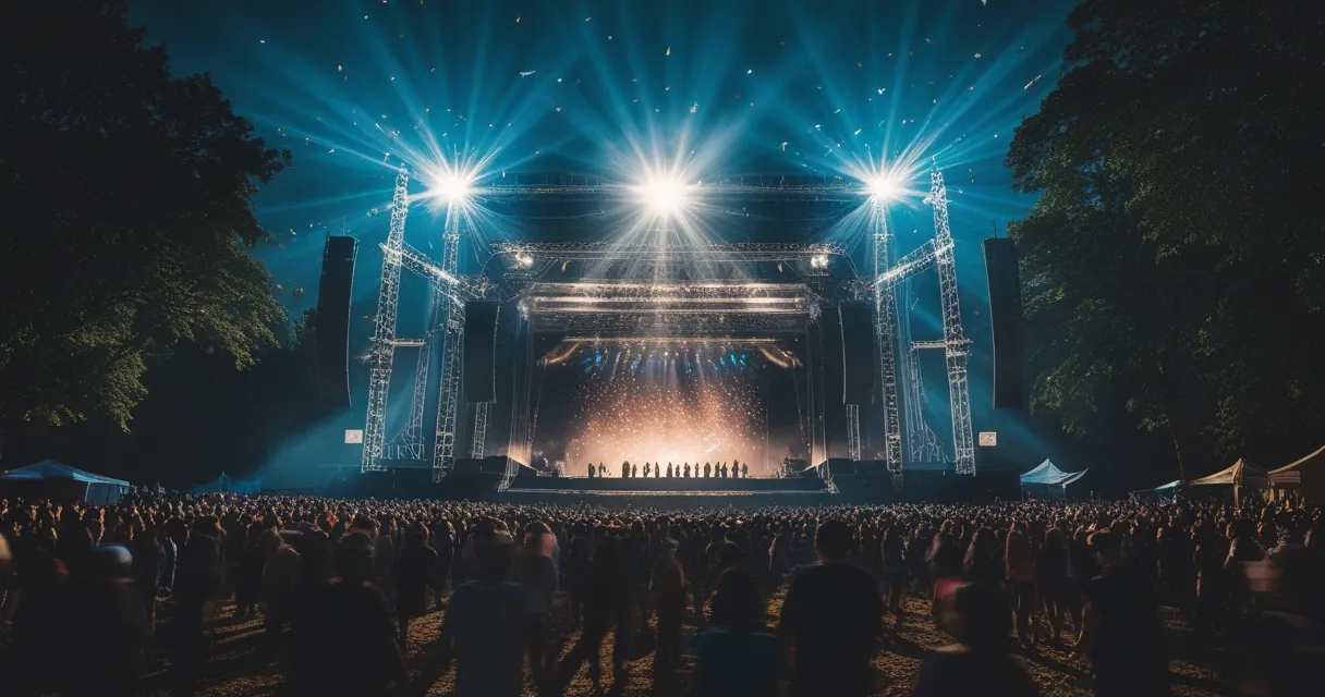 Illustration: an enormous fantastical festival main stage at night in a wooded park, beams of light and confetti over a crowd in silhouette
