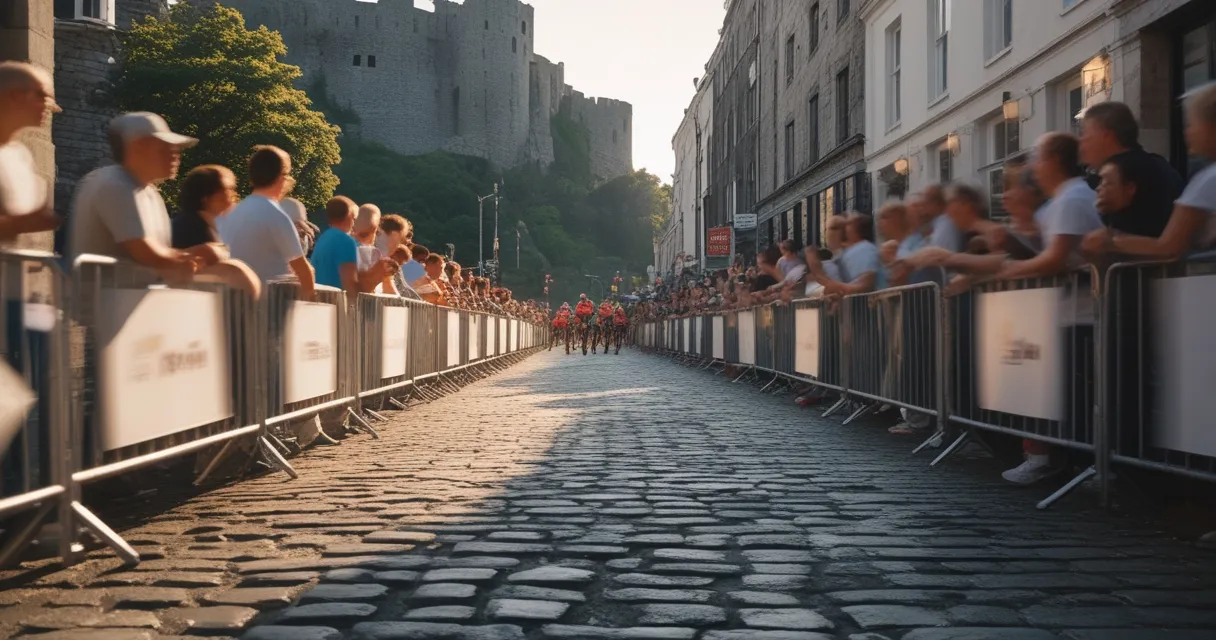 Illustration: a cobbled northern city street below a castle rock on a summer morning, crowds behind barriers, a blurred peloton passing