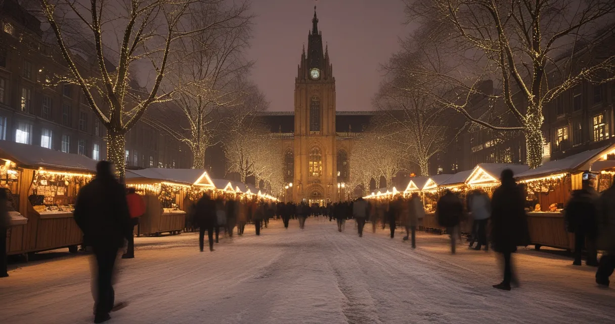 Illustration: a grand illuminated square in front of a neo-gothic civic building at night, wooden market stalls in rows, lit trees overhead, snow underfoot, people walking between the lights